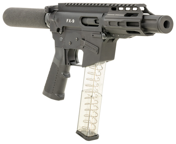 FREEDOM ORDNANCE FX9P4T FX-9 9mm Luger 32+1 4 in, Black, M-LOK Handguard, Padded Buffer Tube, A2 Grip, 3 in Faux Suppressor, Includes Sling, Pistol