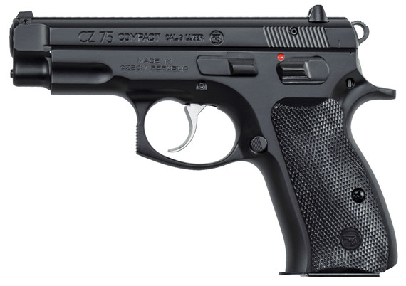 CZ-USA 01190 CZ 75 Compact *CA Compliant 9mm Luger 10+1 3.75 in Blued Steel Barrel, Black Serrated Steel Slide, Black Polycoat Steel Frame w/Beavertail, Black Polymer Grip, Pistol