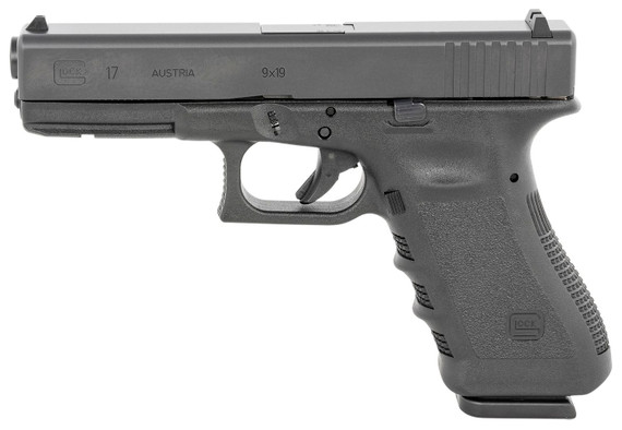 Glock PI1750203 G17 Gen3 Full Size Frame 9mm Luger 17+1 4.49 in Black Steel Barrel, Matte Black Serrated Steel Slide, Black Polymer Frame w/Picatinny Rail, Black Texture Finger Groove Grip, Pistol