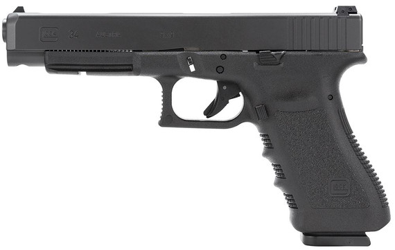 Glock PI3430101 G34 Gen3 *CA Compliant Competition 9mm Luger 10+1 5.31 in Black Polygonal, Rifled Barrel, Matte Black Serrated Slide, Black Polymer Frame w/Picatinny Rail, Black Textured Finger Grooved Polymer Grip, Right Hand, Pistol