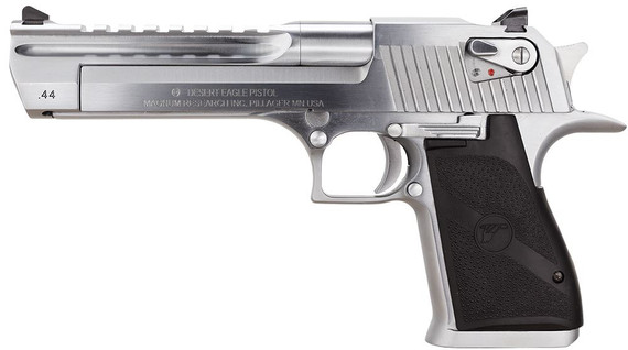 Magnum Research DE44BC Desert Eagle Mark XIX 44 Rem Mag 8+1, 6 in Stainless Carbon Steel w/Picatinny Rail Barrel, Brushed Chrome Serrated Carbon Steel Slide & Frame w/Beavertail, Black Rubber Grip, Safety, Right Hand, Pistol
