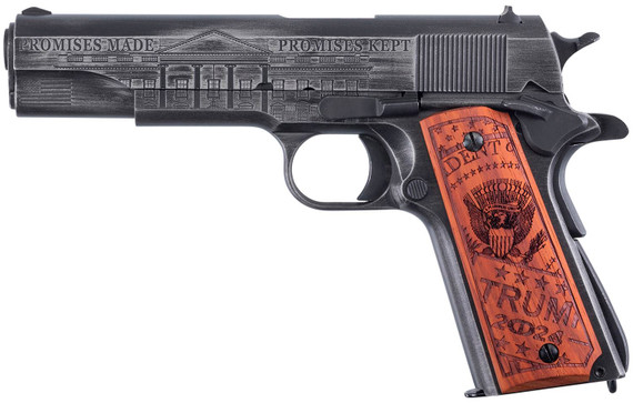 Auto-Ordnance 1911BKOC12 1911 Trump Save America Full Size Frame 45 ACP 7+1, 5 Stainless Steel Barrel, Distressed Armor Black Cerakote Serrated w/Engraving Carbon Steel Slide & Frame w/Beavertail, Custom Engraved Goncalo Wood Grip, Pistol
