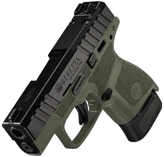 Beretta USA JAXN9278A1CO APX A1 Carry 9mm Luger 8+1 3 in Blued Steel Barrel, Black Optic Ready/Serrated Slide, OD Green Polymer Frame, OD Green Polymer Grips Features Burris Fast Fire