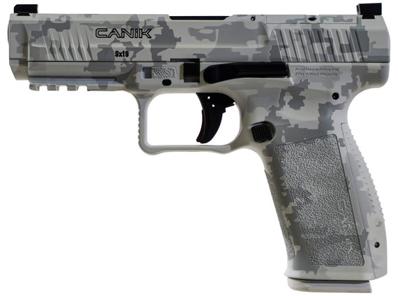 Canik HG5636AWDN Mete SFT Exclusive Finish Full Size Frame 9mm Luger 20+1/18+1, 4.46 Black Match Grade Barrel, Arctic Digital Camo Cerakote Optic Ready/Serrated Steel Slide, Poly Frame w/Beavertail & Pic Rail, Ambi, Pistol