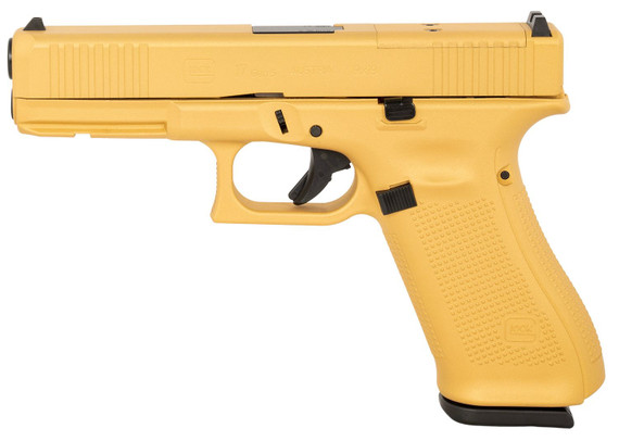 Glock PA175S204MOSGOLD G17 Gen5 MOS Full Size 9mm Luger 17+1 4.49 in Black GMB Barrel, Glamour Glock Gold Cerakote MOS Cut/Serrated Slide & Polymer Frame w/Picatinny Rail, Glamour Glock Gold Textured Grip, Pistol