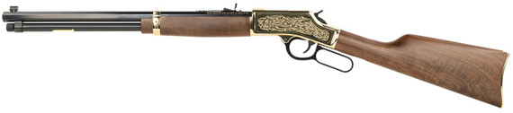Henry H006GCD Deluxe Side Gate Full Size 45 Colt (Long Colt) 10+1 20 Blued Octagon Barrel, Polished Brass Engraved Receiver, Drilled & Tapped, Fixed American Walnut Stock Ambi, Rifle