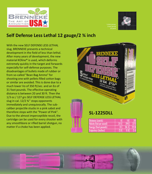 Brenneke SL122SDLL Self Defense 12Gauge 2.75 1/3oz Sabot Slug Shot 5 Per Box/50 Case, Shotshell Slug Loads