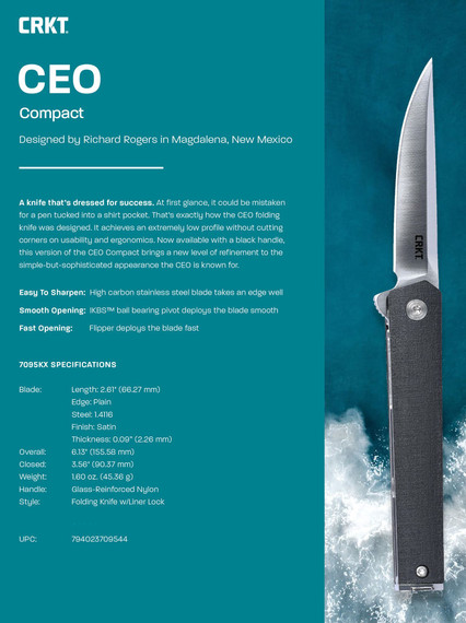 CRKT 7095KX CEO Compact 2.61 Fold Plain Satin 4116 SS Blade/Black GRN Handle Includes Pocket Clip, Knife