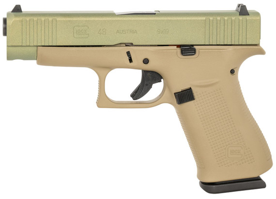 Glock PA4850204CTAG G48 Compact Slim 9mm Luger 10+1 4.17 Black GMB Barrel, Agoge Green Serrated Slide, Coyote Tan Cerakote Poly Frame w/Beavertail, Coyote Tan Poly Grip, Right Hand, Pistol