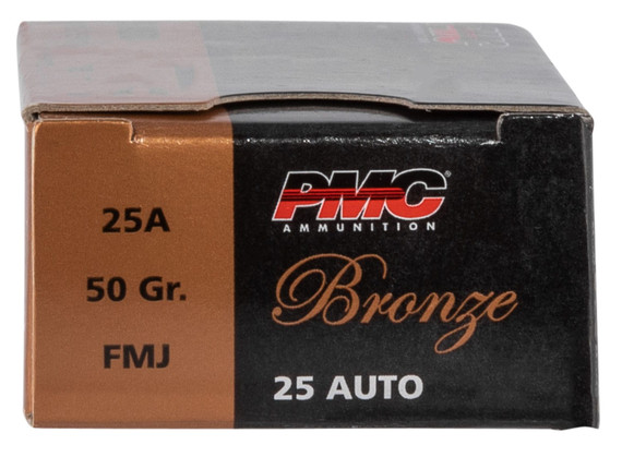 PMC 25A Bronze 25ACP 50gr Full Metal Jacket 50 Per Box/20 Case, Centerfire Handgun Ammo