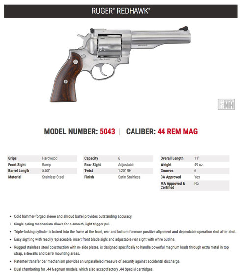 Ruger 5043 Redhawk 44 Special/44 Rem Mag 6rd, 5.50 Satin Stainless Steel Barrel, Dual Chambered Satin Stainless Cylinder & Frame, Hardwood Grip, Revolver