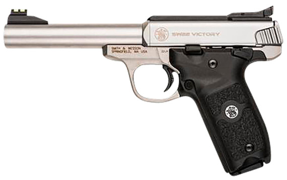 Smith & Wesson 10201 SW22 Victory Full Size Frame 22 LR 10+1, 5.50 Satin Stainless Steel Threaded Barrel, Slide & Frame, Black Textured Grip, Thumb Safety, Rimfire Pistol