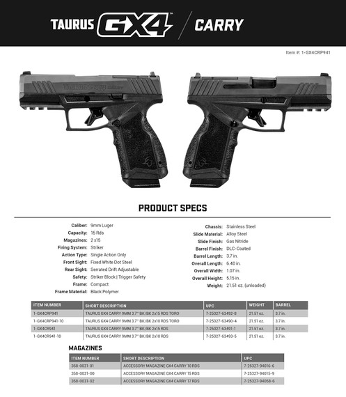 Taurus 1-GX4CRP941 GX4 T.O.R.O. Carry Frame, 9mm Luger 15+1, 3.70 Satin Black DLC Steel Barrel, Black Gas Nitride Optic Cut/Serrated Slide, Black Poly Frame w/Pic Rail, Black Poly w/Interchangeable Backstrap Grip, Pistol
