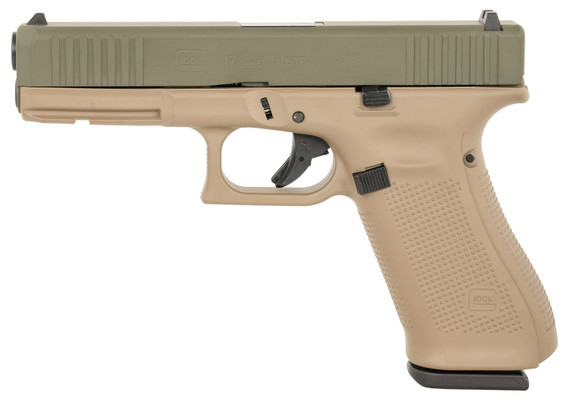 Glock PA175S204G17FDEFRODGSL G17 Gen5 Full Size Frame 9mm Luger 17+1, 4.49 Black GMB Barrel, OD Green Cerakote Serrated Steel Slide, Flat Dark Earth Cerakote Poly Frame w/Pic Rail, FDE Textured Grip, Trigger/Firing Pin/Drop Safety, Ambi, Pistol