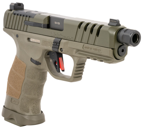 SAR USA SAR9SOCOMOD SAR9 SOCOM 9mm Luger 21+1 5.20 Black Steel Threaded Barrel, Special Forces Green Steel Optic Ready/Ported/Serrated Slide, Special Forces Green Poly Frame w/Pic Rail, Interchangeable Backstrap Grip, Right Hand, Pistol