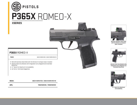 Sig Sauer 365X9BXR3RXX10 P365X ROMEO-X Micro-Compact Frame 9mm Luger 10+1, 3.10 Blk  BBL Blk Nitron Optic Ready/Serrated Stainless  Slide, Blk Stainless  Frame w/Beavertail & Sig Rail, Blk Poly Grip Features Romeo-X Compact, , Pistol