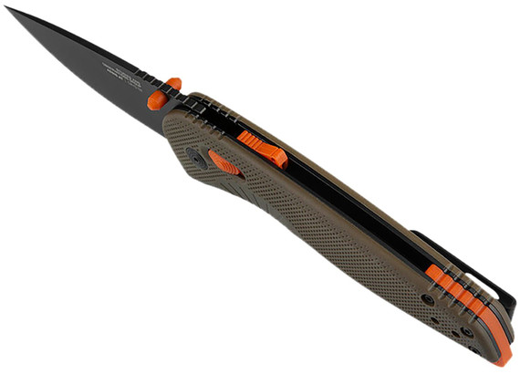 S.O.G SOG11410641 Aegis AT 3.13 in Folding Drop Point Plain Black TiNi Cryo D2 Steel Blade, Tan w/Blaze Orange Accents GRN Handle, Peg Box Pkg, Knife