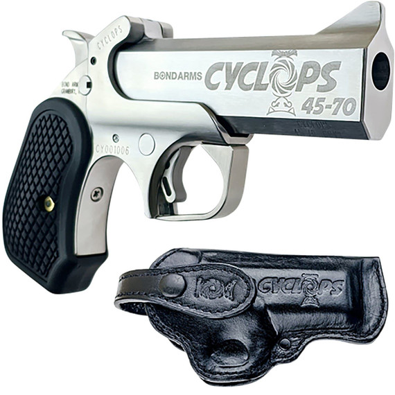 Bond BACYP Cyclops Big Bore 45-70 Gov 1rd, 4.25 Stainless Steel w/Engraved Barrel, Matte Stainless Steel Frame, Black Extended B6 Resin Grip, Includes Holster, Pistol
