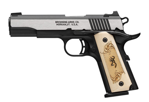 Browning 051998492 1911-380 Black Label Medallion Full Size Frame 380 ACP 8+1 4.25 Stainless Steel Barrel, Stainless Steel w/Blackened Slide Flats Serrated Slide, Matte Black Poly Frame w/Beavertail, Maple Wood Grip, Pistol