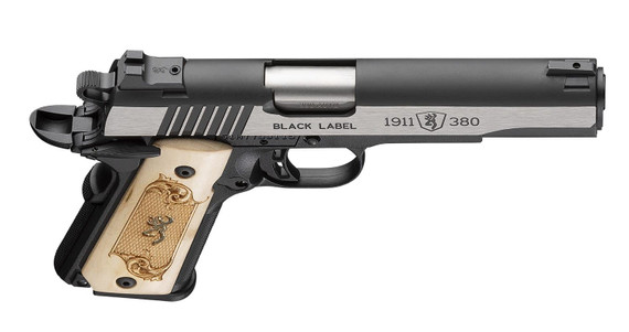 Browning 051998492 1911-380 Black Label Medallion Full Size Frame 380 ACP 8+1 4.25 Stainless Steel Barrel, Stainless Steel w/Blackened Slide Flats Serrated Slide, Matte Black Poly Frame w/Beavertail, Maple Wood Grip, Pistol