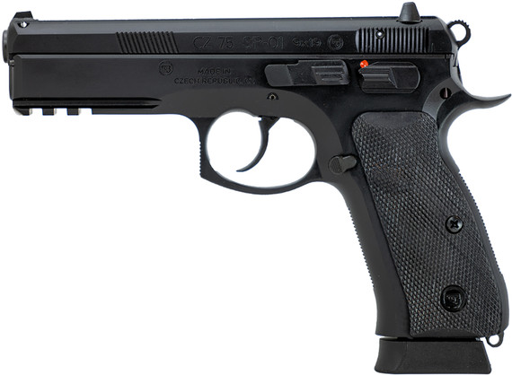 CZ-USA 89352 CZ 75 SP-01 Full Size Frame 9mm Luger 19+1 4.60 Black Steel Barrel, Black Steel Serrated Slide, Black Polycoat Steel Frame w/Beavertail & Pic Rail, Black Rubber Grip, Right Hand, Pistol