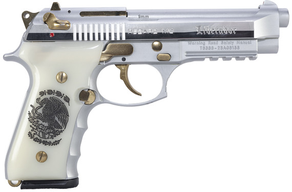 Girsan 391089 Regard Liberador II 9mm Luger 18+1 4.90 Stainless Steel Barrel, Polished Stainless Steel Serrated Slide, Chrome w/Gold Controls Stainless Steel Frame w/Pic Rail & Beavertail, Pearl Like w/Mexican Coat Of Grip, Ambi, Pistol