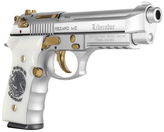 Girsan 391089 Regard Liberador II 9mm Luger 18+1 4.90 Stainless Steel Barrel, Polished Stainless Steel Serrated Slide, Chrome w/Gold Controls Stainless Steel Frame w/Pic Rail & Beavertail, Pearl Like w/Mexican Coat Of Grip, Ambi, Pistol