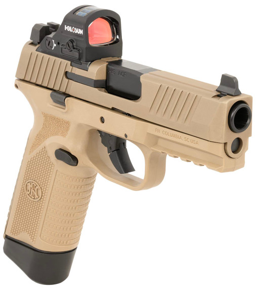 FN 66101919 545 MRD w/Optic Full Size 45 ACP 10+1 4.10 Black Hammer Forged/Target Crown Barrel/ Flat Dark Earth Optic Cut/Serrated Slide/Flat Dark Earth Poly Frame w/Pic Rail, Holosun 407C Red Dot, Ambi, Pistol