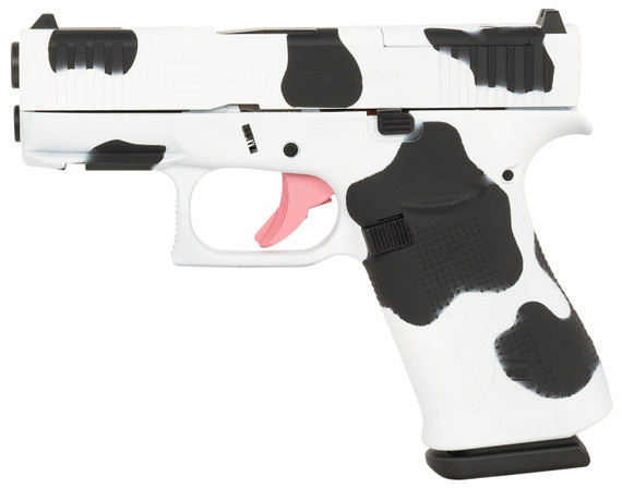 Glock PX4350204FRMOSMOO G43X MOS Sub-Compact Frame 9mm Luger 10+1 3.41 Black GMB Barrel, Cow Print Cerakote MOS Cut/Serrated Steel Slide, Poly Frame w/Beavertail & Pic Rail & Grip, Ambi, Pistol