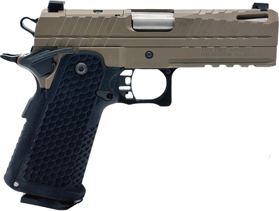 Live Free Armory LFAPC71302 Apollo 11 Compact 9mm Luger 17+1 4.15 Stainless Match Grade Bull Barrel, Elite Flat Dark Earth Cerakote Optic Cut/Serrated Stainless Steel Slide & Steel Frame w/Beavertail & Pic Rail, Textured Grip, Pistol