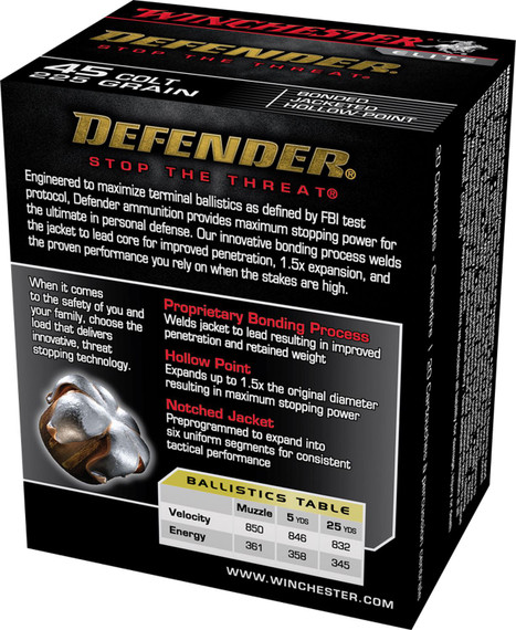 Winchester S45CPDB Defender 45Colt 225gr Bonded Jacket Hollow Point 20 Per Box/10 Case Centerfire, Handgun Ammunition