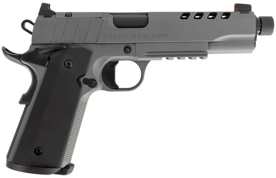 Tisas 10100557 1911 Night Stalker SF Full Size Frame 9mm Luger 8+1 5 Black Steel Threaded Barrel, Platinum Gray Cerakote Slide Serrated w/Slide Cuts & Steel Frame w/Beavertail & Pic Rail, Ambi, Pistol