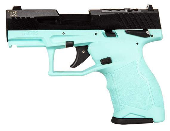 Taurus 1-TX22131C TX22C Compact Frame 22 LR 13+1, 3.60 Matte Black Steel Threaded Barrel, Black Hard Coat Anodized Lightening Cut/Optic Ready/Serrated Slide, Cyan w/Black Controls Poly Frame w/Pic Rail, Cyan Grip, Rimfire Pistol