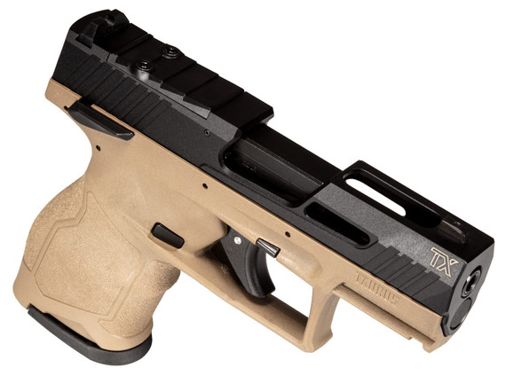 Taurus 1-TX22131F-10 TX22C Compact Frame 22 LR 10+1 3.60 Matte Black Steel Threaded Barrel, Black Hard Coat Anodized Lightening Cut/Optic Ready/Serrated Slide, Flat Dark Earth w/Black Controls Poly Frame w/Pic Rail, FDE Grip, Rimfire Pistol