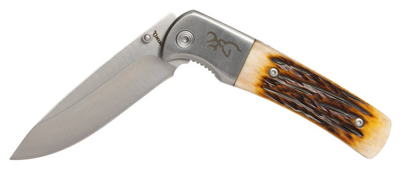 Browning 3220500B Buckmark Hunter 3 Fold Drop Point Plain Stonewashed 8Cr13MoV SS Blade/Jigged Bone Handle Boxed, Knife