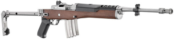 Ruger 5895 Mini-14 223 Rem/5.56 NATO 20+1 18.50 Matte Stainless Threaded Barrel, Matte Stainless Pic Rail Receiver, Walnut/Stainless Wood Side Fold Side Fold Stock, Black Poly Grip, Rifle