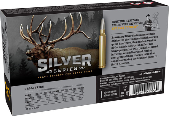 Browning Ammo B192603001 Silver 300Win Mag 180gr Plated Soft Point 20 Per Box/10 Case, Centerfire Rifle Ammo