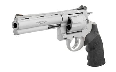 Colts Manufacturing Anaconda, Revolver, 44 Magnum, 6 in Barrel, Matte Stainless Steel Finish, Hogue Rubber Grip, Adjustable Rear Sight, Red Ramp Front Sight, 6 Rounds ANACONDA-SM6RTS