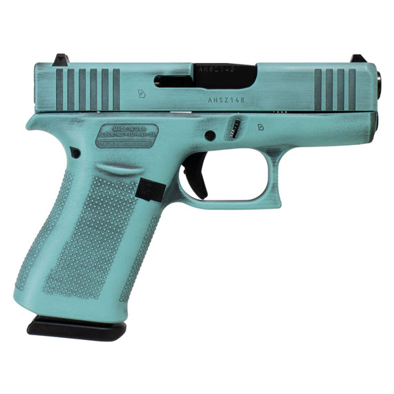 Glock 43X, Striker Fired, Semi-auto, Polymer Frame Pistol, Sub-Compact, 9MM, 3.41 in Barrel, Glock Marksman Barrel, Battle Worn Cerakote, Robins Egg Blue, Fixed Sights, 10 Rounds, 2 Mags 300-105-0300-24