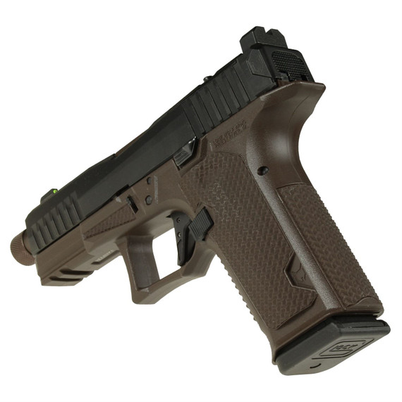 Lone Wolf Distributors Dusk19, Striker Fired, Semi-auto, Polymer Frame Pistol, Compact, 9mm, 4.6 in Threaded Bronze Barrel, Matte Finish, Black Slide and Brown Frame, RMR Compatible Optic Cut, Front N