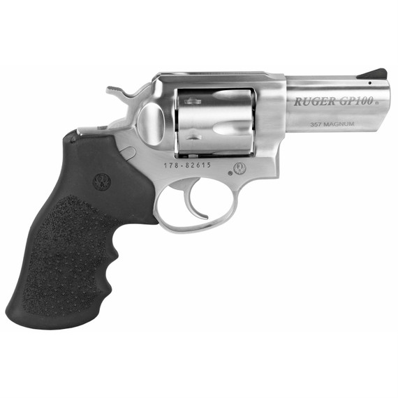 Ruger GP100 Standard, Double Action, Revolver, 357 Magnum, 3 in Barrel, Stainless Steel, Satin Finish, Silver, Hogue Monogrip, Ramp Front and Integral Rear Sights, 6 Rounds, KGPF-331 01715