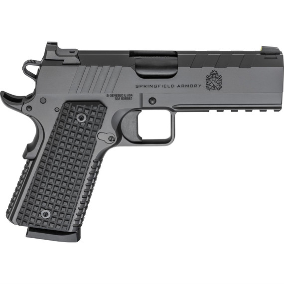 Springfield Emissary, 1911, Single Action Only, Semi-auto, Commander Size, 45 ACP, 4.25 in Match Grade Bull Barrel, Stainless Steel Frame and Carbon Steel Slide, Cerakote Finish, Black, VZ Grips Thin-