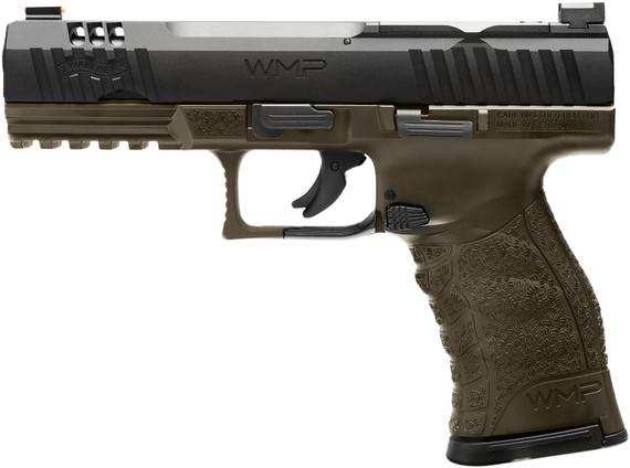 Walther 5220307 WMP Full Size Frame 22 WMR 15+1 4.50 Black Steel Barrel, Black Optic Ready/Serrated Slide, OD Green Poly Frame w/Pic Rail, Textured Poly Grip, Rimfire Pistol