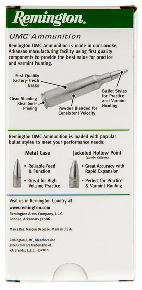 Remington 23813 UMC 22-250Rem 50gr Jacketed Hollow Point 20 Per Box/10 Case Centerfire, Rifle Ammunition