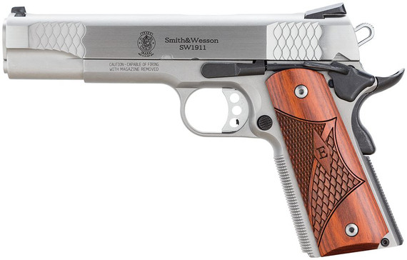 Smith & Wesson 108482 1911 E-Series Serrated Frame 45 ACP 8+1 5 in Stainless Steel Barrel, Satin Stainless Serrated Slide & Frame w/Beavertail, Laminate Wood Grip, Pistol