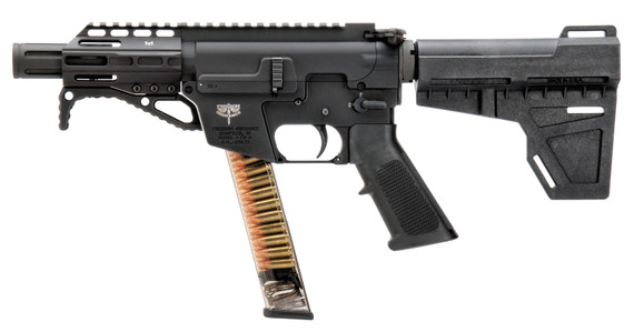 Freedom Ordnance FX9P4 FX-9 9mm Luger 31+1 4.50 Black Nitride Chromoly Steel Barrel Black Hard Coat Anodized Black KAK Shockwave Pistol Brace Black Poly Grips Right Hand, Tactical Pistol
