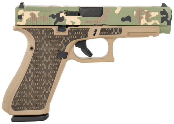 Glock PA475S204MOSYNOTHUNTER G47 Gen5 MOS Full Size Frame 9mm Luger 17+1 4.49 Black GMB Barrel, Hunter Camo Cerakote MOS Cut/Serrated Steel Slide, Coyote Tan Poly Frame w/Pic Rail, YNOT Lasered Grip, Ambi, Pistol