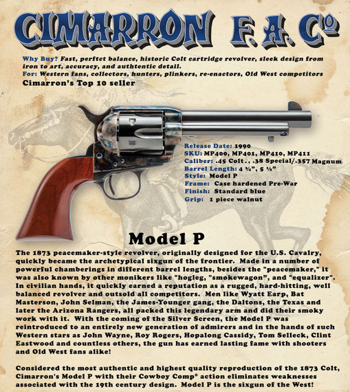 Cimarron MP411 Model P 45 Colt (LC) 6 Shot, 5.50 in Blued Steel Barrel, Cylinder & Frame, Walnut Grip, Exposed Hammer , Revolver