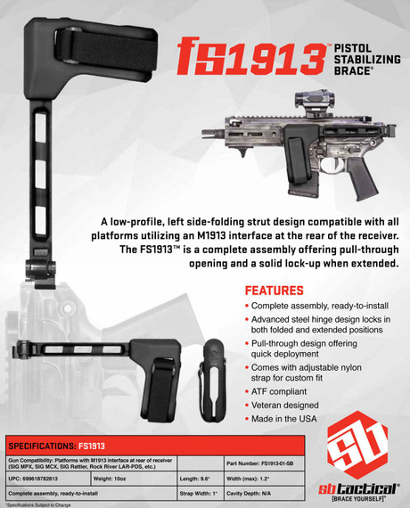 SB Tactical FS1913-01-SB FS1913-01-SB Side Fold Black Synthetic with 9.60 OAL & Nylon Strap for AR-Platform with 1913 Pic Rail (Tube Not Included), Brace