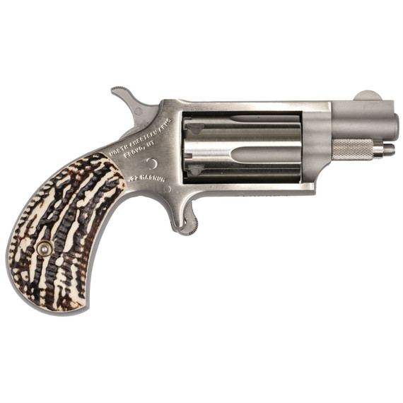 North American Arms Mini Revolver, Single Action, Revolver, 22 WMR, 1.125 in Barrel, Stainless Steel, Silver, Imitation Stag Grips, Fixed Sights, 5 Rounds NAA-22MS-GSTG